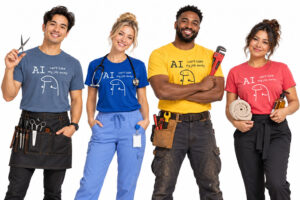 Where to Buy Funny AI T-Shirts for Developers and Tech Lovers picture of a barber, medical practitioner, plumber and massage therapist wearing the t-shirt AI can't take my job away